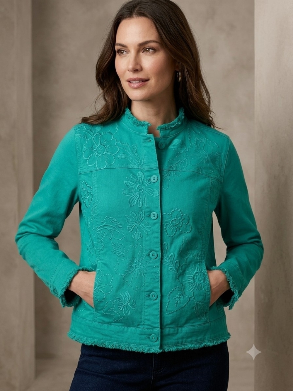 Chico's Teal Embroidered Button-Front Jacket